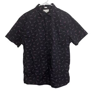 Bixby Nomad Mens Large Shark Print Short Sleeve Button Down Shirt Black Pink
